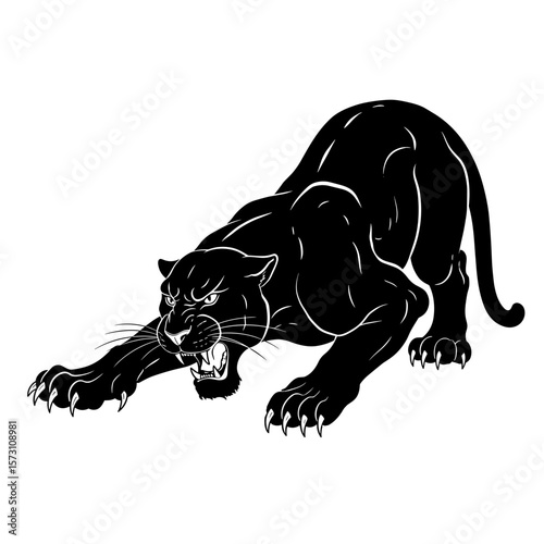 Black panther crouching and showing teeth in attack position,  Suitable for restaurants, logos, Asian packaging, interior design and brands with an emphasis on mindfulness and nature 