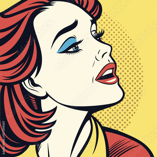 Retro pop art woman s face with bold colors and graphic style
