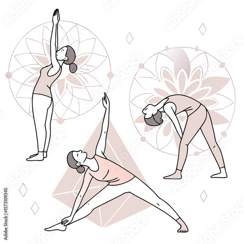 Colorful flat vector yoga poses human icon set for wellness and fitness
