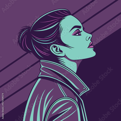 Futuristic vector portrait of a stylish woman with vibrant colors and modern design elements