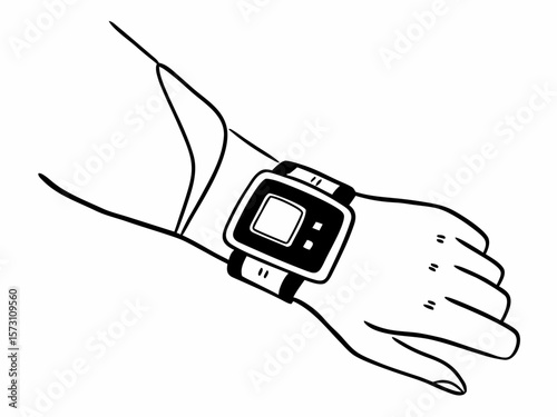Hand wearing smartwatch illustration outlined in black with a white background