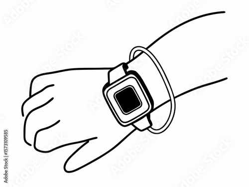 Hand wearing smartwatch outline vector illustration suitable for various design projects