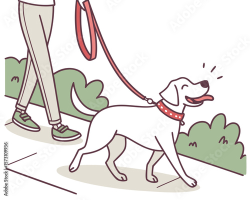 Happy dog walking on leash with owner on pavement by the bushes illustration