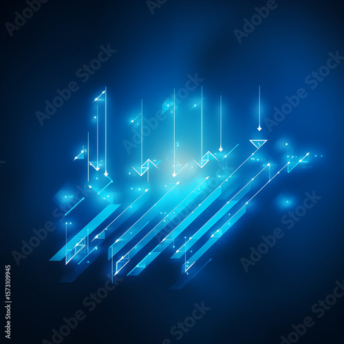 Futuristic neon blue digital chart with arrows on dark background and glowing elements