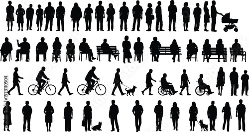 Silhouettes of people walking, sitting on benches, cycling, using wheelchairs, with dogs and strollers, casual urban lifestyle vector illustration, inclusivity