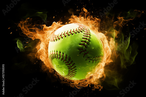 Green softball surrounded by swirling flames on dark background for sports