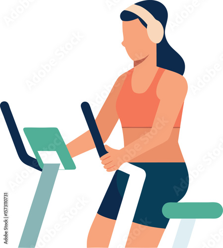 Woman Exercising on Stationary Bike Wearing Headphones