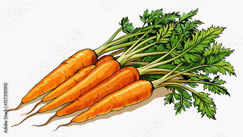Fresh organic carrots with bright orange roots and leafy green tops lie on a white background, their earthy texture and natural curves perfect for healthy cooking and rustic kitchen designs.