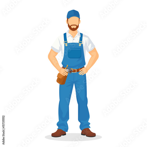 Vector Illustration of a White Male Plumber Standing on White Background – Professional Tradesman in Uniform for Plumbing Service, Repair Work, Maintenance, Labor Day and Skilled Worker Concepts
