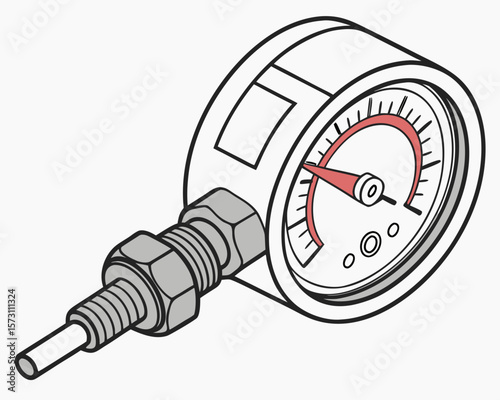 Isometric illustration of a mechanical pressure gauge instrument with red needle