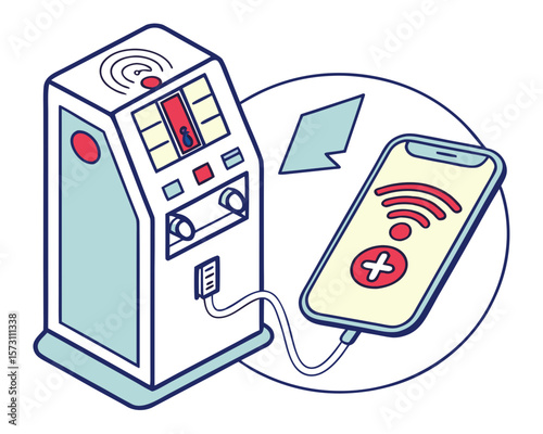 Isometric illustration of a machine with no wireless signal and connected phone
