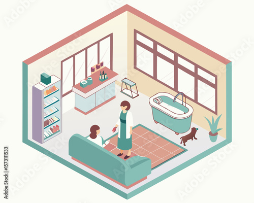 Isometric view of a vet clinic with dog patient and medical professionals