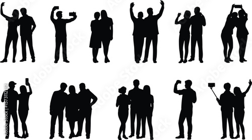 Diverse Silhouettes of Happy Couples and Friends Capturing Selfies and Group Photos, Expressing Joy, Connection, and Contemporary Social Interaction.