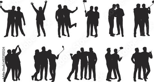 Silhouettes of Happy Couples and Friends Taking Selfies, Celebrating Togetherness, Friendship, and Modern Lifestyle, Ideal for Social Media, Travel.