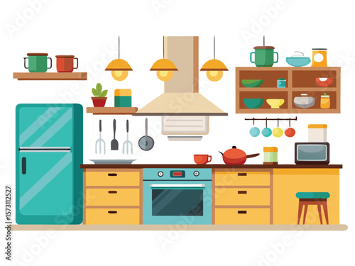 Modern kitchen interior with refrigerator oven cabinets and cooking utensils isolated on white background
