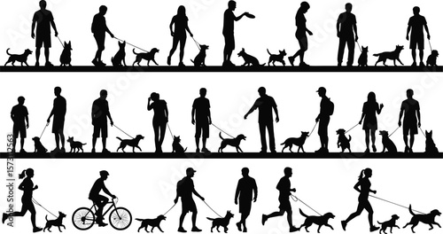 Silhouettes of people walking dogs, jogging, biking, playing, interacting with pets, various poses and activities, vector illustration for outdoor lifestyle