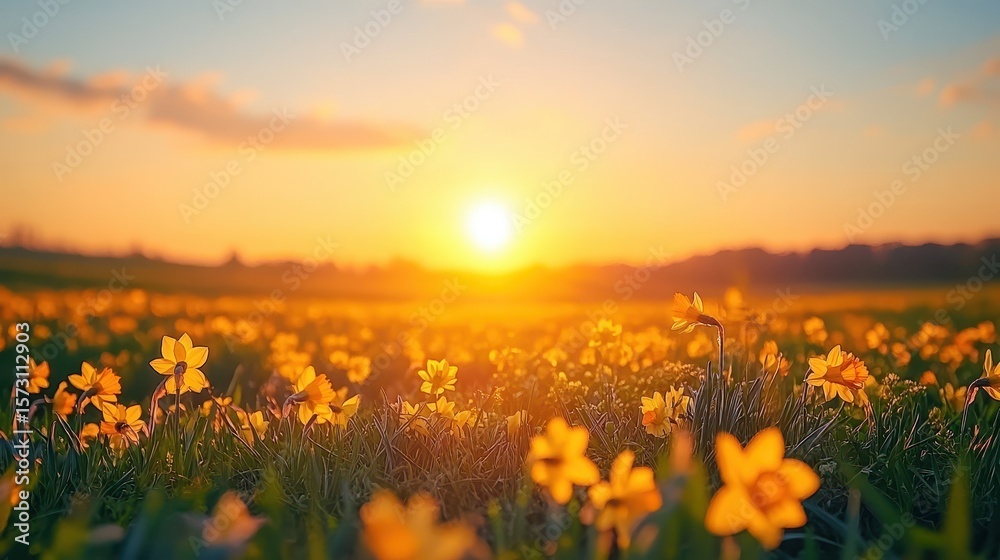 Obraz premium Sunset over daffodil field, spring landscape, nature background, ideal for cards