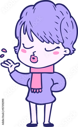 cartoon woman with eyes shut in bright neon color