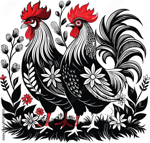 Two Roosters in Black and White Folk Art Style