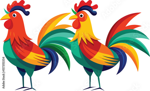 Two Colorful Roosters in Geometric Style Illustration