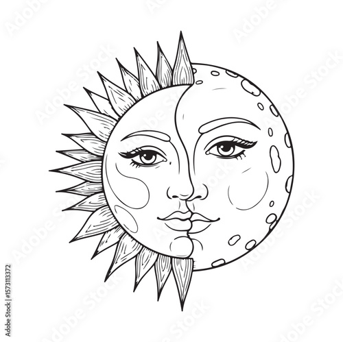 Sun and Moon Face – Duality Vector Ink Symbol. AI generator