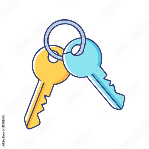 Two colorful keys on a silver keyring isolated on white background