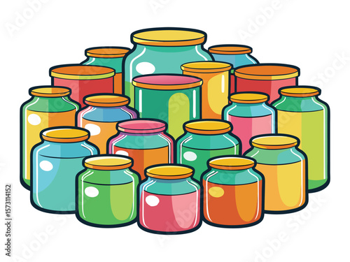 A colorful assortment of glass jars filled with liquids and sealed with yellow lids isolated on white background
