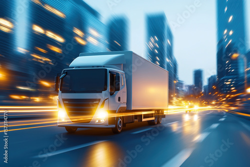 Fast moving delivery truck on city street at dusk, showcasing urban life and transportation. blurred lights create sense of speed and efficiency in logistics