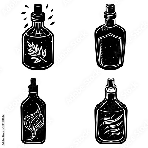 Four vintage style bottles with different designs and contents in black and white illustration style