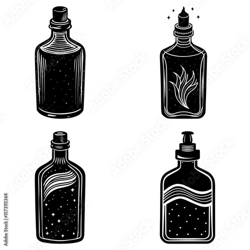 Illustration of four bottles with different contents and stoppers in black and white drawing style