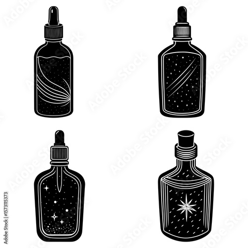 Illustration of four potion bottles with different contents and unique bottle designs in black and white
