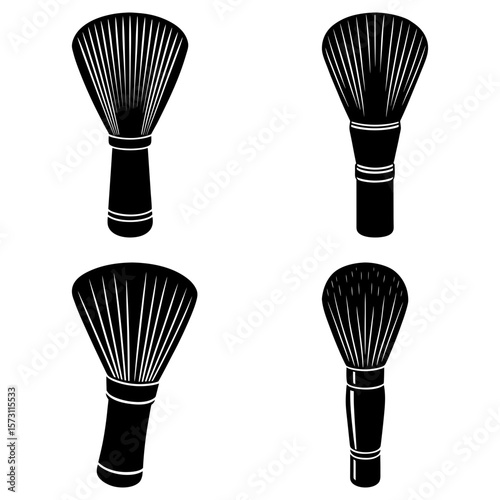 Four black and white illustrations of makeup brushes with detailed bristles and handles on a white background
