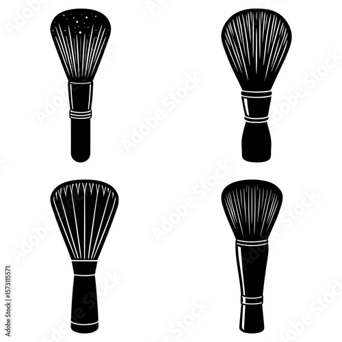 Illustration of four makeup brushes with dense bristles and handles in a black and white design style