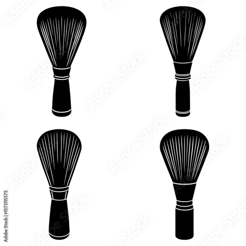 Four black and white illustrations of shaving brushes arranged on a white background with simple designs