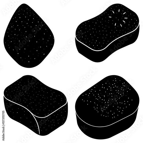 Illustration of four black sponges with varied shapes and textures on a white background space