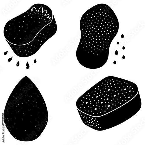 Four black sponges with water droplets and textured surfaces in a simple graphic illustration