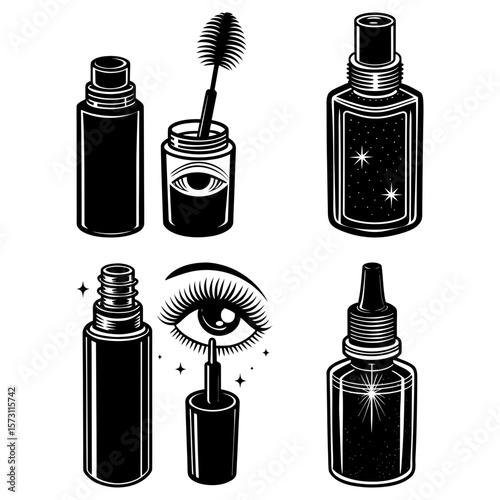 Illustration of various cosmetic products including mascara bottles and an eye design element present