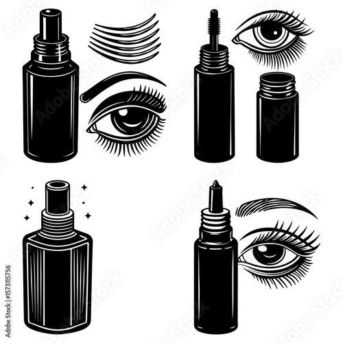 Illustration of various beauty products including mascara, eyeliner, and eye makeup in black and white