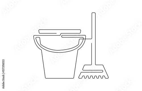 Continuous one line drawing of mop and bucket. Cleaning concept, Single line draw design vector graphic illustration, Mop and bucket continuous line art drawing. Cleaning service concept, Cleaning to.