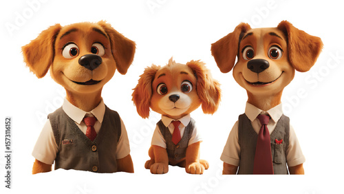 Three adorable cartoon dogs in school uniforms present a charming design element, perfect for children's projects, graphic designs, and cheerful mascot creation, making it visually appealing.