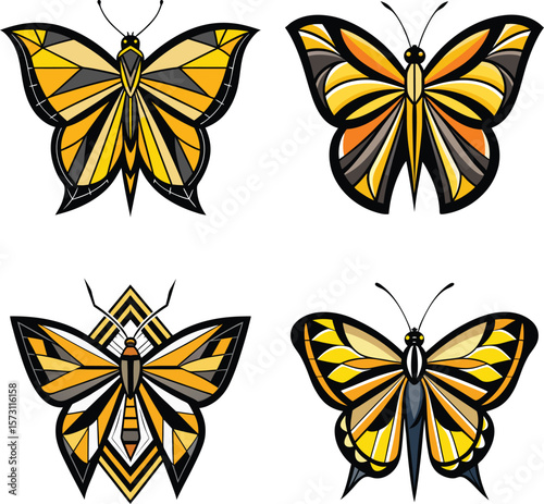 stylized geometric butterflies with yellow orange and black wings on a white background