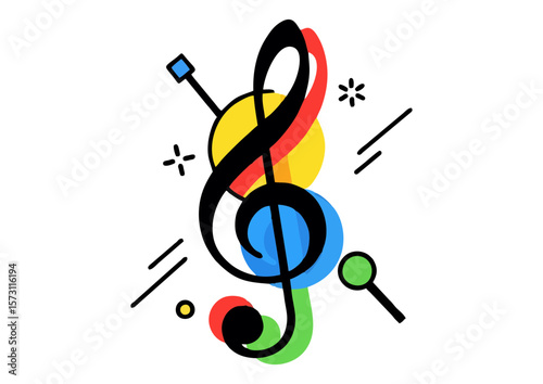 Colorful cartoon musical note illustration with geometric shapes