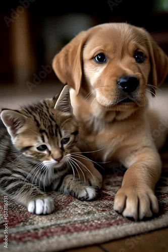 Videl in motion of a tabby cat reaching its paw toward a mousetrap with a chunk of Swiss cheese, while a small mouse watches nervously beside it. A golden retriever watches in the background with a wo