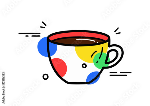 Colorful cartoon coffee cup illustration with playful dots 