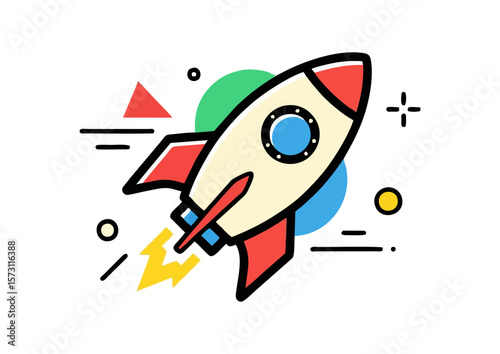 Colorful cartoon rocket illustration with geometric shapes
