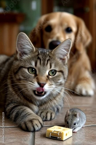 Videl in motion of a tabby cat reaching its paw toward a mousetrap with a chunk of Swiss cheese, while a small mouse watches nervously beside it. A golden retriever watches in the background with a wo