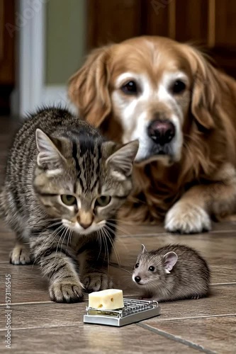 Videl in motion of a tabby cat reaching its paw toward a mousetrap with a chunk of Swiss cheese, while a small mouse watches nervously beside it. A golden retriever watches in the background with a wo