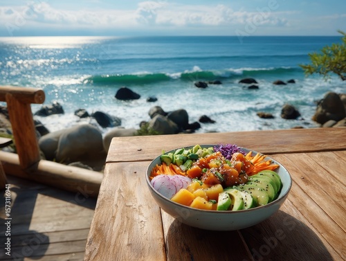 Vibrant coastal meal, colorful poke bowl, serene ocean view, sunny seaside dining, fresh ingredients.