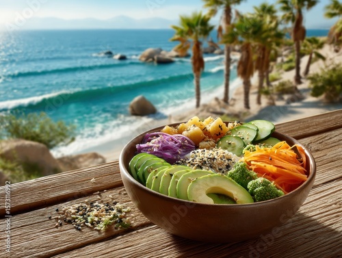Vibrant seaside poke bowl, colorful tropical meal, serene ocean view, sunny beach dining.