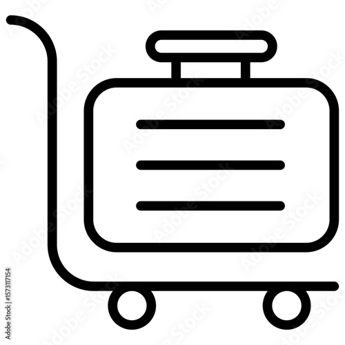 Icon of a suitcase placed on a luggage trolley or airport trolley for travel, baggage, or goods transportation services.